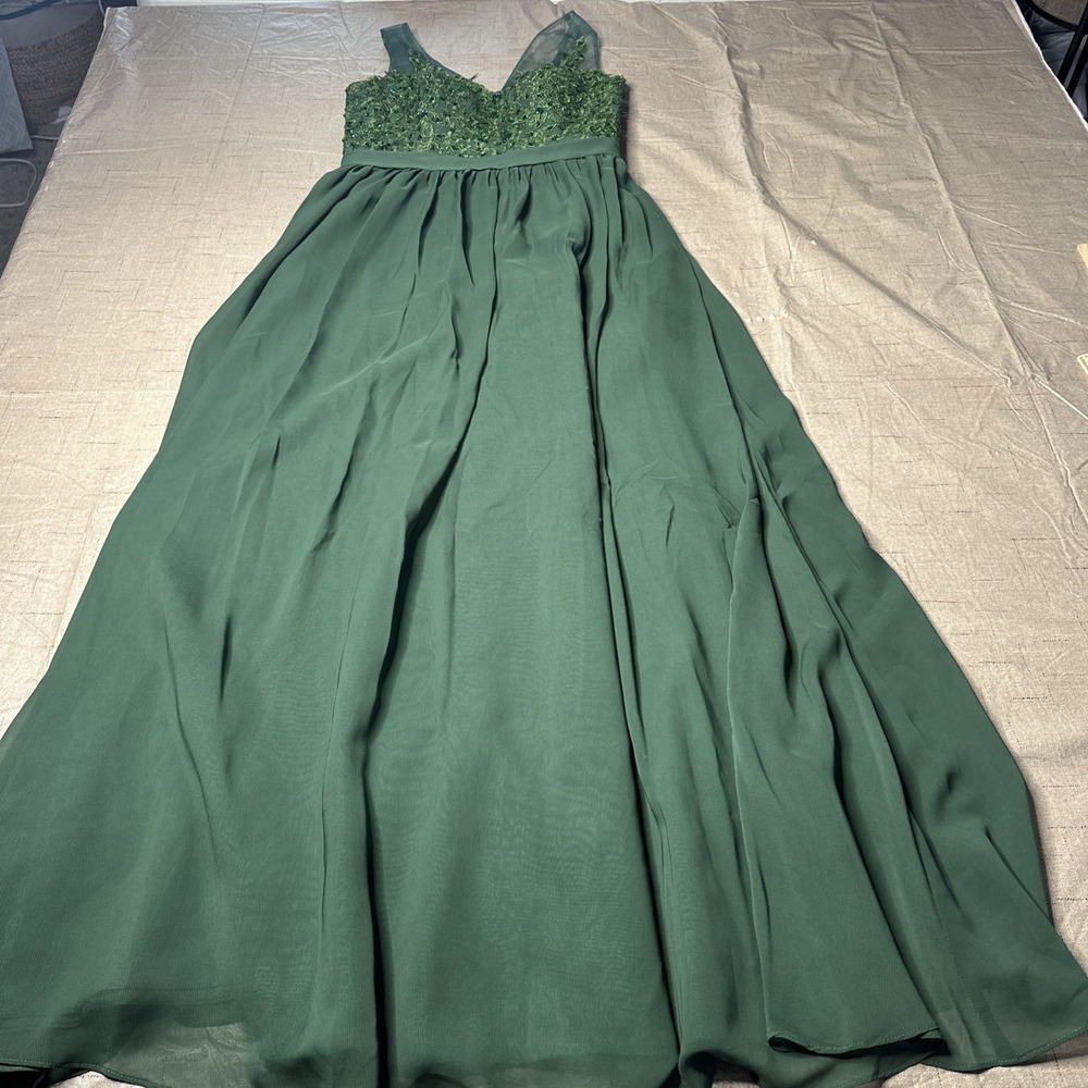 Lace‎ Beaded A-Line V-Neck Corset Bridesmaid Dress Size 14 Dark Green
